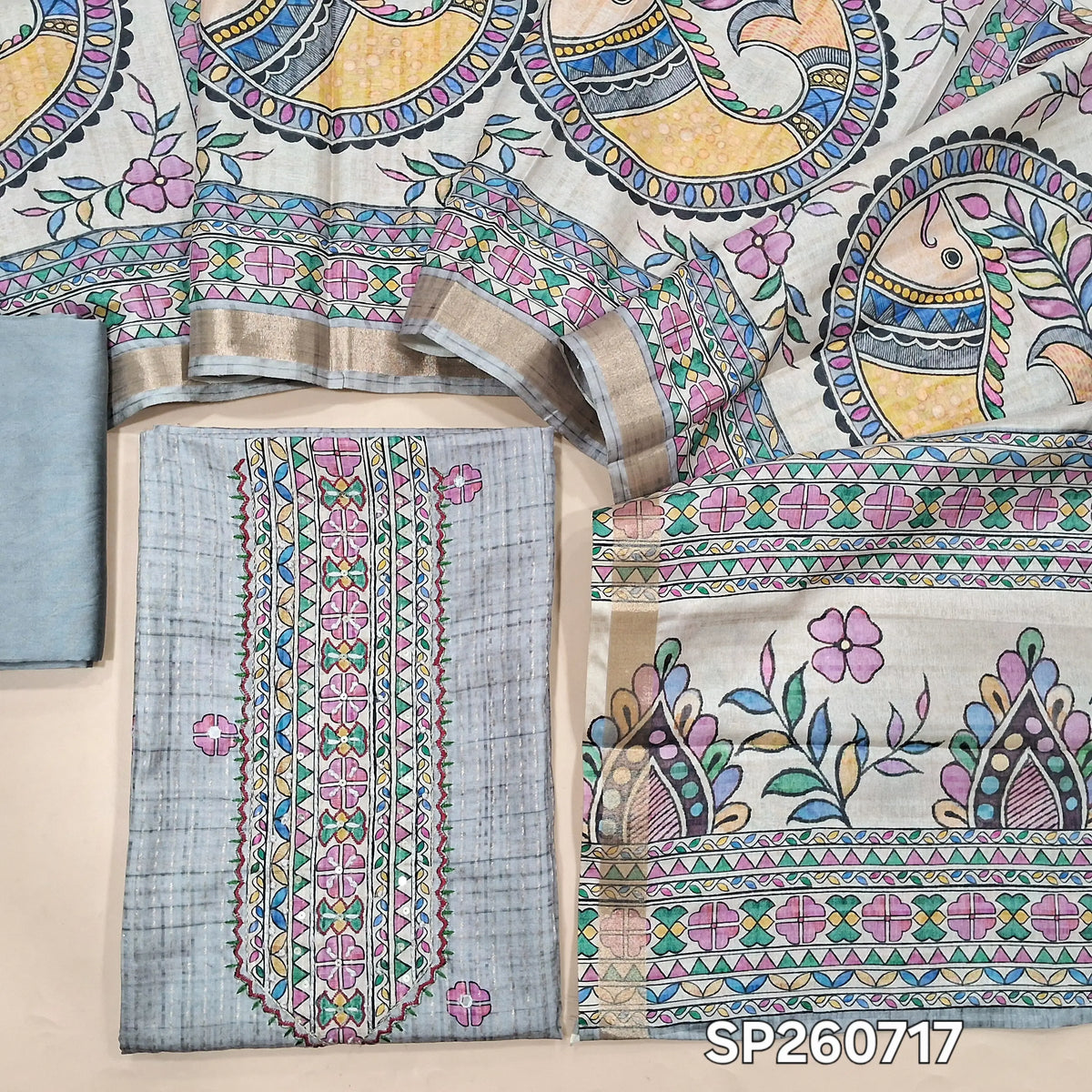 Silver grey premium semi tussar silk unstitched salwar material, embroidery and faux mirror work on yoke, zari stripes and printed all over (Lining Needed)matching silky bottom,madhubani printed semi tussar dupatta. SP260717