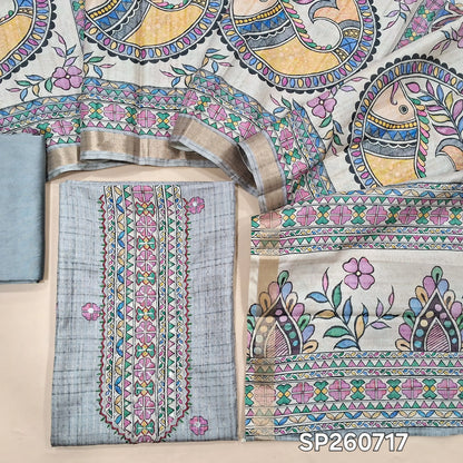Silver grey premium semi tussar silk unstitched salwar material, embroidery and faux mirror work on yoke, zari stripes and printed all over (Lining Needed)matching silky bottom,madhubani printed semi tussar dupatta. SP260717