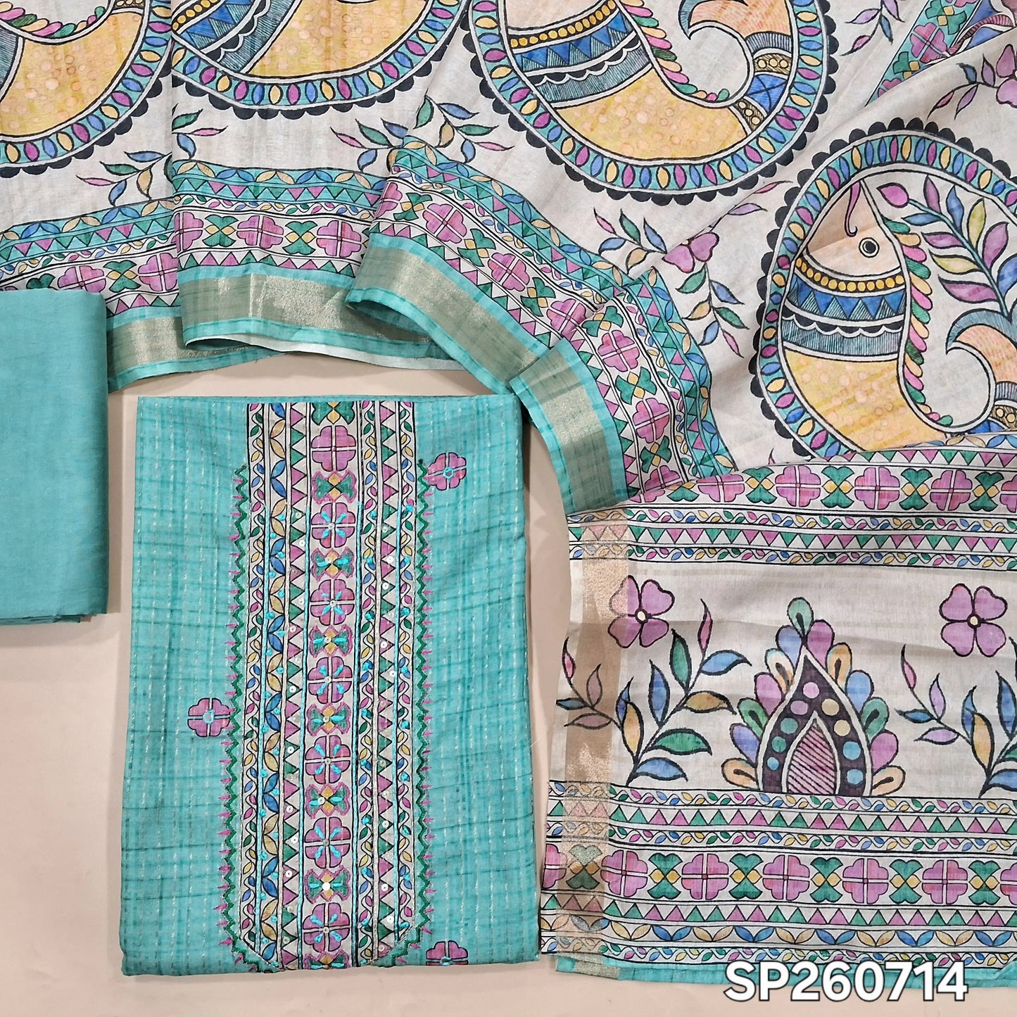 Light turquoise green premium semi tussar silk unstitched salwar material, embroidery and faux mirror work on yoke, zari stripes and printed all over (Lining Needed)matching silky bottom,madhubani printed semi tussar dupatta. SP260714