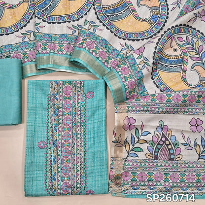 Light turquoise green premium semi tussar silk unstitched salwar material, embroidery and faux mirror work on yoke, zari stripes and printed all over (Lining Needed)matching silky bottom,madhubani printed semi tussar dupatta. SP260714