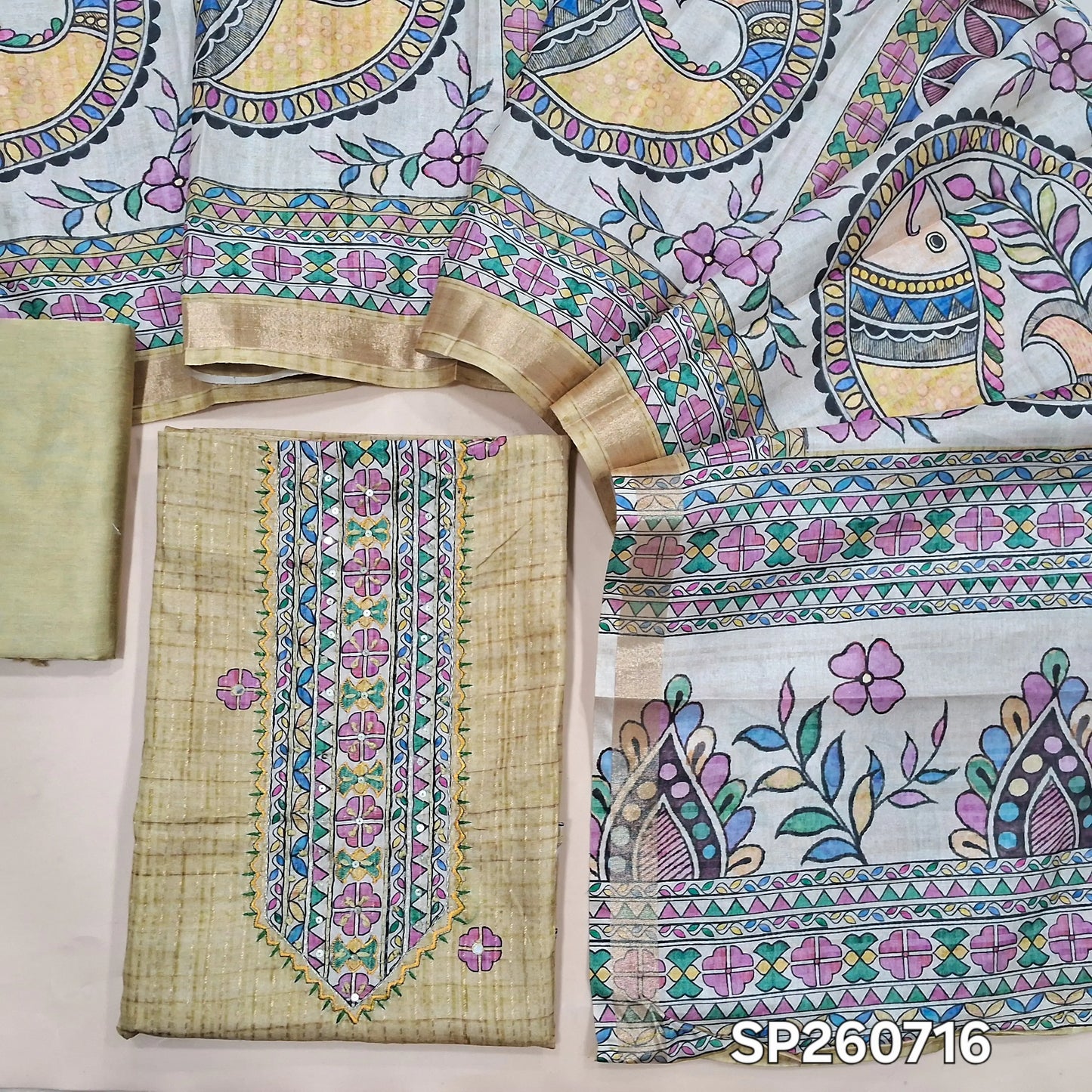 Rich beige premium semi tussar silk unstitched salwar material, embroidery and faux mirror work on yoke, zari stripes and printed all over (Lining Needed)matching silky bottom,madhubani printed semi tussar dupatta. SP260716