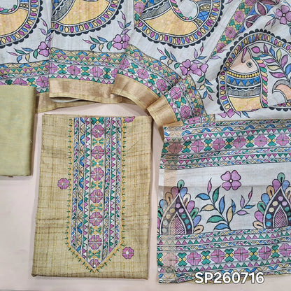 Rich beige premium semi tussar silk unstitched salwar material, embroidery and faux mirror work on yoke, zari stripes and printed all over (Lining Needed)matching silky bottom,madhubani printed semi tussar dupatta. SP260716
