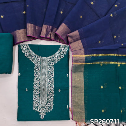 Dark teal green and blue silk cotton unstitched salwar material, zari and sequins detailing on yoke and front (Thun, Lining Needed)matching spun cotton bottom, silk cotton dupatta with small zari buttas and contrast pallu. SP260711