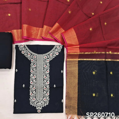 Black and reddish maroon silk cotton unstitched salwar material, zari and sequins detailing on yoke and front (Thun, Lining Needed)matching spun cotton bottom, silk cotton dupatta with small zari buttas and contrast pallu. SP260710