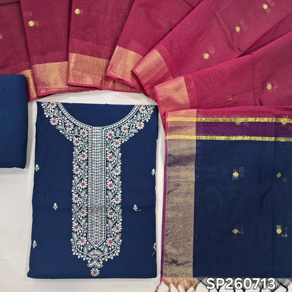 Dark blue and pink silk cotton unstitched salwar material, zari and sequins detailing on yoke and front (Thun, Lining Needed)matching spun cotton bottom, silk cotton dupatta with small zari buttas and contrast pallu. SP260713