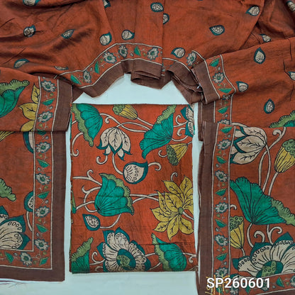 Bright rust orange digital printed mogra chanderi unstitched salwar material (Crinkled, Lining Needed) No Bottom, digital printed mogra chanderi dupatta. SP260601