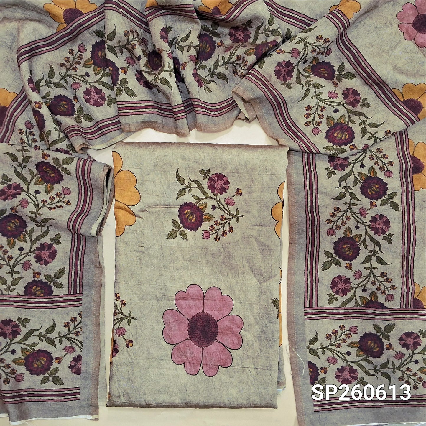 Rich beige digital printed mogra chanderi unstitched salwar material (Crinkled, Lining Needed) No Bottom, digital printed mogra chanderi dupatta. SP260613