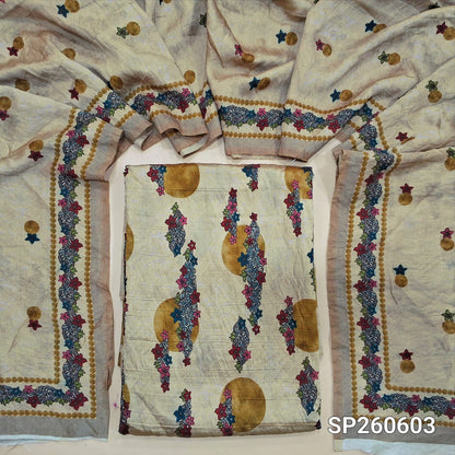 Rich beige digital printed mogra chanderi unstitched salwar material (Crinkled, Lining Needed) No Bottom, digital printed mogra chanderi dupatta. SP260603