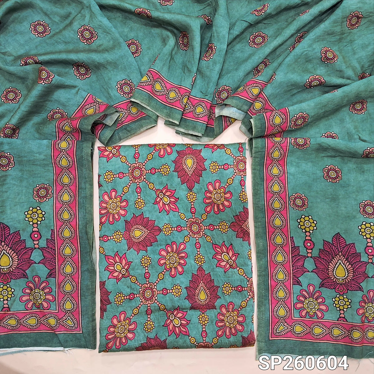 Turquoise blue digital printed mogra chanderi unstitched salwar material (Crinkled, Lining Needed) No Bottom, digital printed mogra chanderi dupatta. SP260604