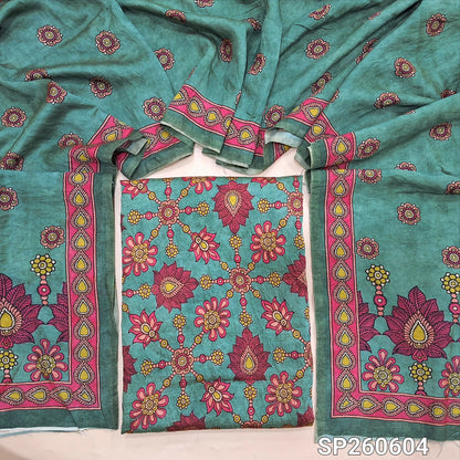 Turquoise blue digital printed mogra chanderi unstitched salwar material (Crinkled, Lining Needed) No Bottom, digital printed mogra chanderi dupatta. SP260604