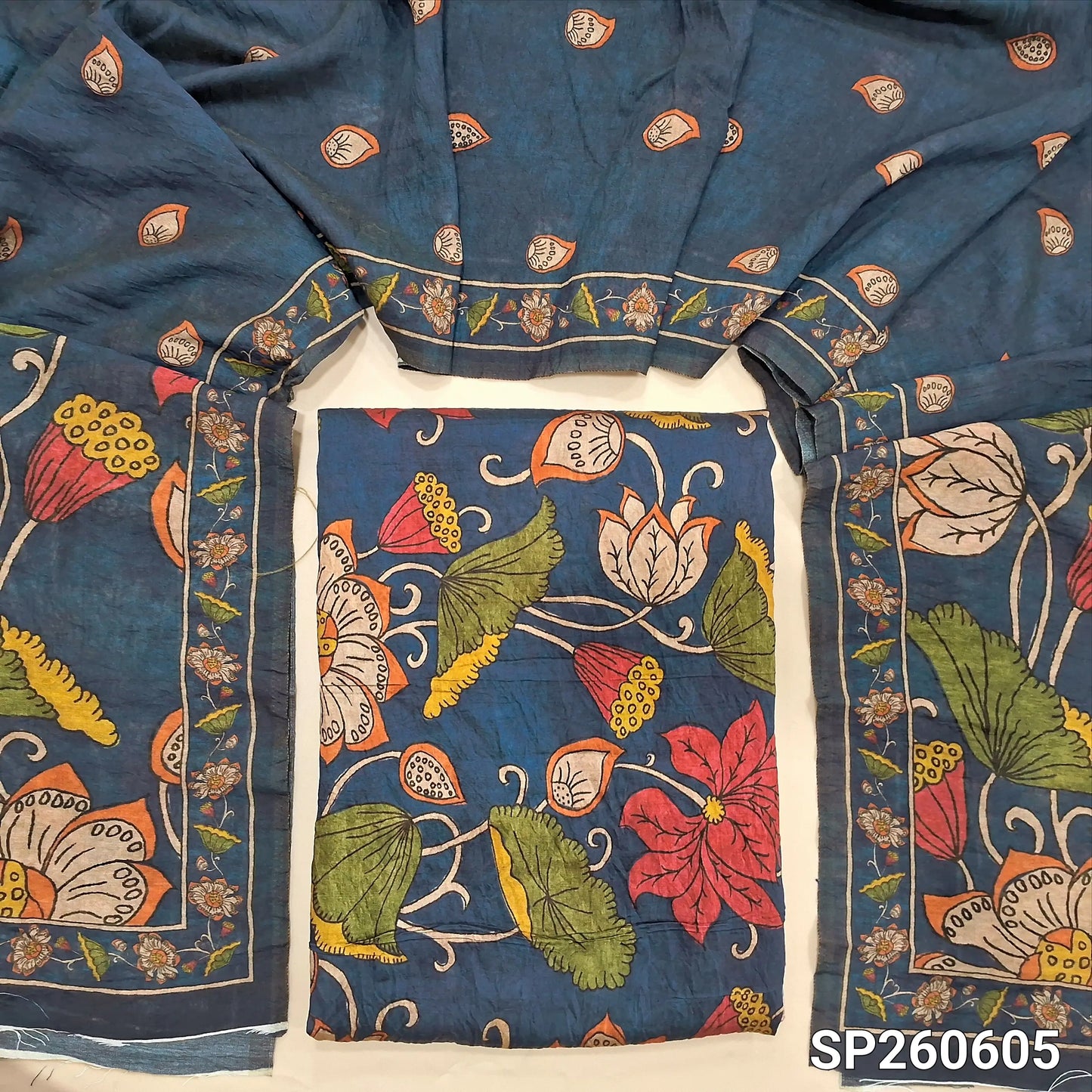 Royal blue digital printed mogra chanderi unstitched salwar material (Crinkled, Lining Needed) No Bottom, digital printed mogra chanderi dupatta. SP260605