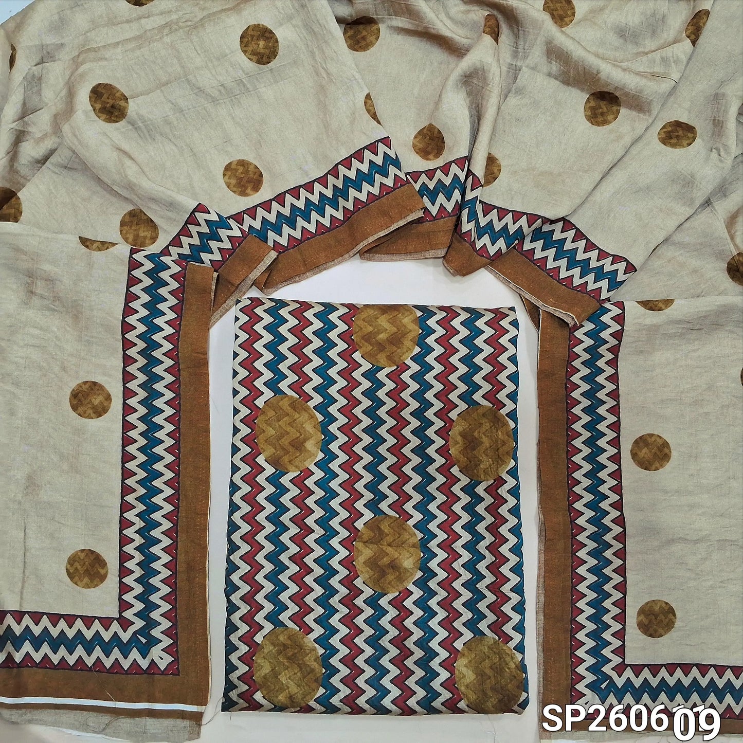 Beige digital printed mogra chanderi unstitched salwar material (Crinkled, Lining Needed) No Bottom, digital printed mogra chanderi dupatta. SP260609