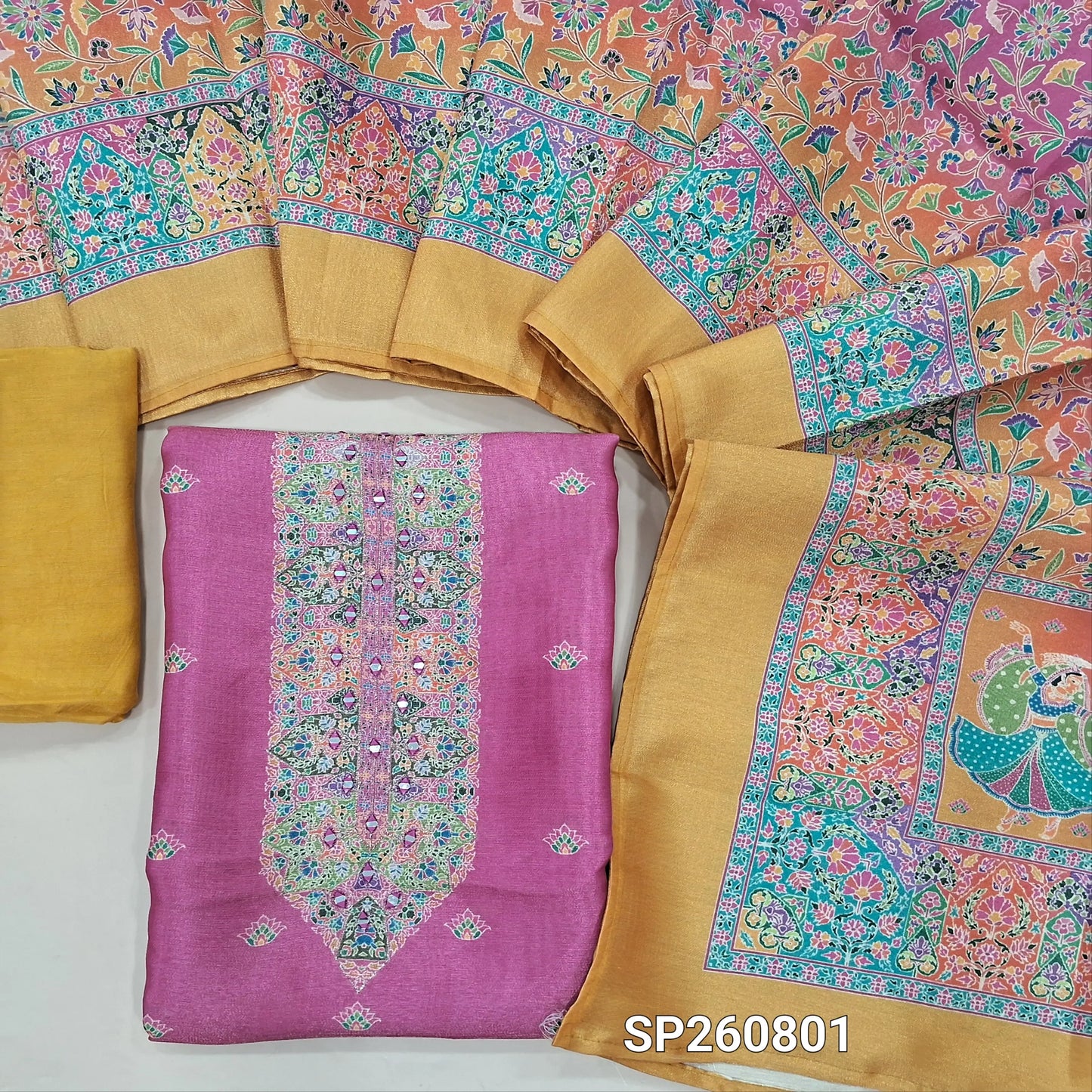 Pink and yellow accord tissue unstitched salwar material, digital printed, real mirror work on yoke (Textured, Lining Needed)matching santoon bottom, accord tissue digital printed dupatta. SP260801