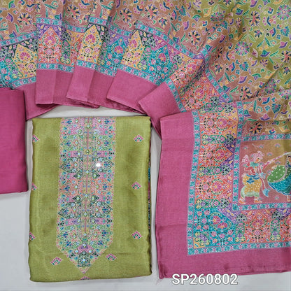 Green and pink accord tissue unstitched salwar material, digital printed, real mirror work on yoke (Textured, Lining Needed)matching santoon bottom, accord tissue digital printed dupatta. SP260802