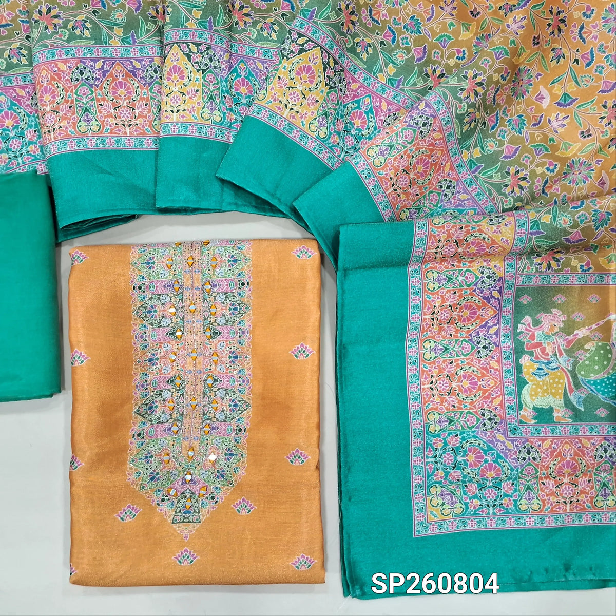 Orange and turquoise blue accord tissue unstitched salwar material, digital printed, real mirror work on yoke (Textured, Lining Needed)matching santoon bottom, accord tissue digital printed dupatta. SP260804