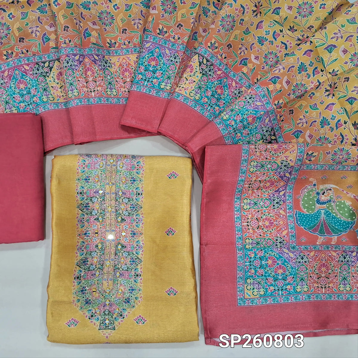 Mehandhi yellow and bright peachish pink accord tissue unstitched salwar material, digital printed, real mirror work on yoke (Textured, Lining Needed)matching santoon bottom, accord tissue digital printed dupatta. SP260803