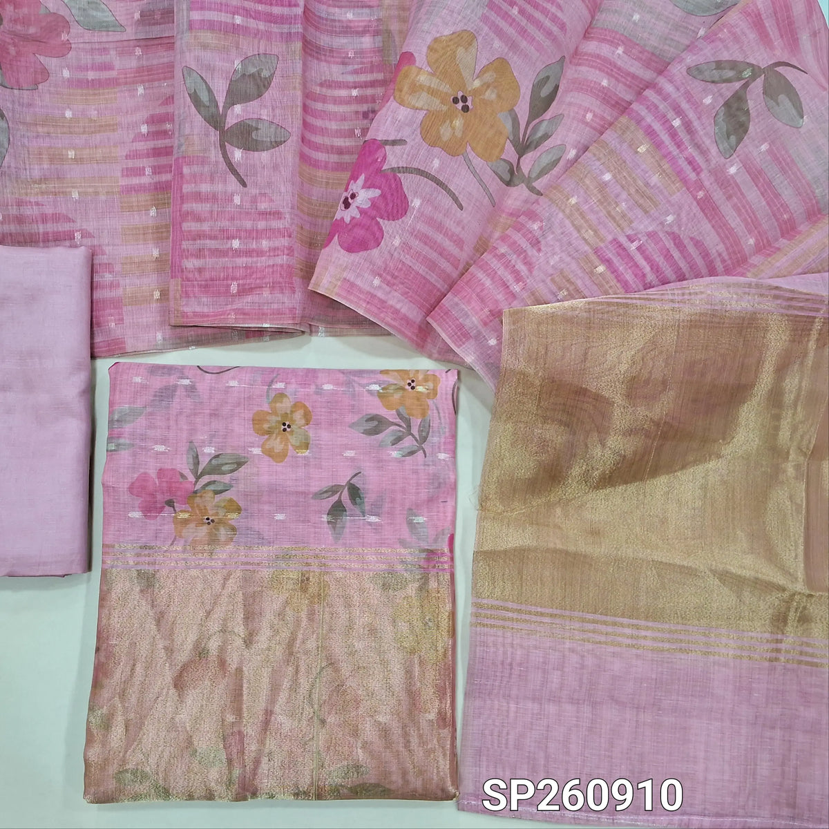 Pastel pink lightweight silk cotton digital printed unstitched salwar material, zari buttas all over, tissue daman (Thin, Lining Needed)matching silky bottom, digital printed silk cotton dupatta. SP260910