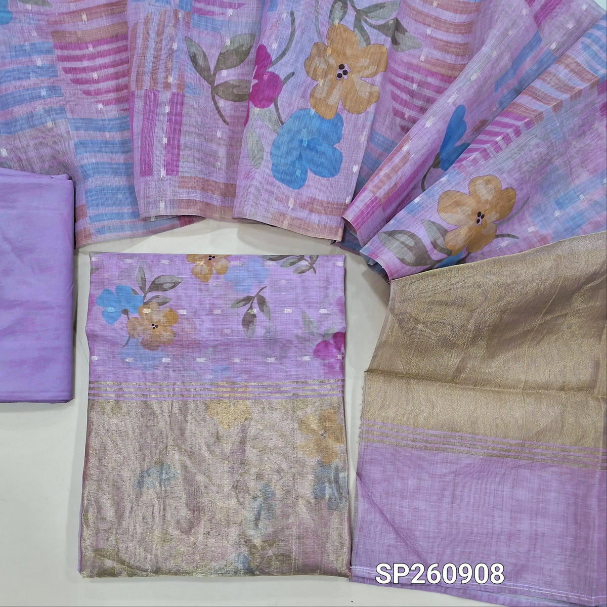 Purple lightweight silk cotton digital printed unstitched salwar material, zari buttas all over, tissue daman (Thin, Lining Needed)matching silky bottom, digital printed silk cotton dupatta. SP260908