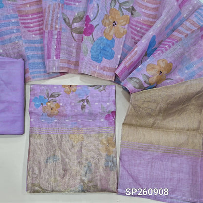 Purple lightweight silk cotton digital printed unstitched salwar material, zari buttas all over, tissue daman (Thin, Lining Needed)matching silky bottom, digital printed silk cotton dupatta. SP260908