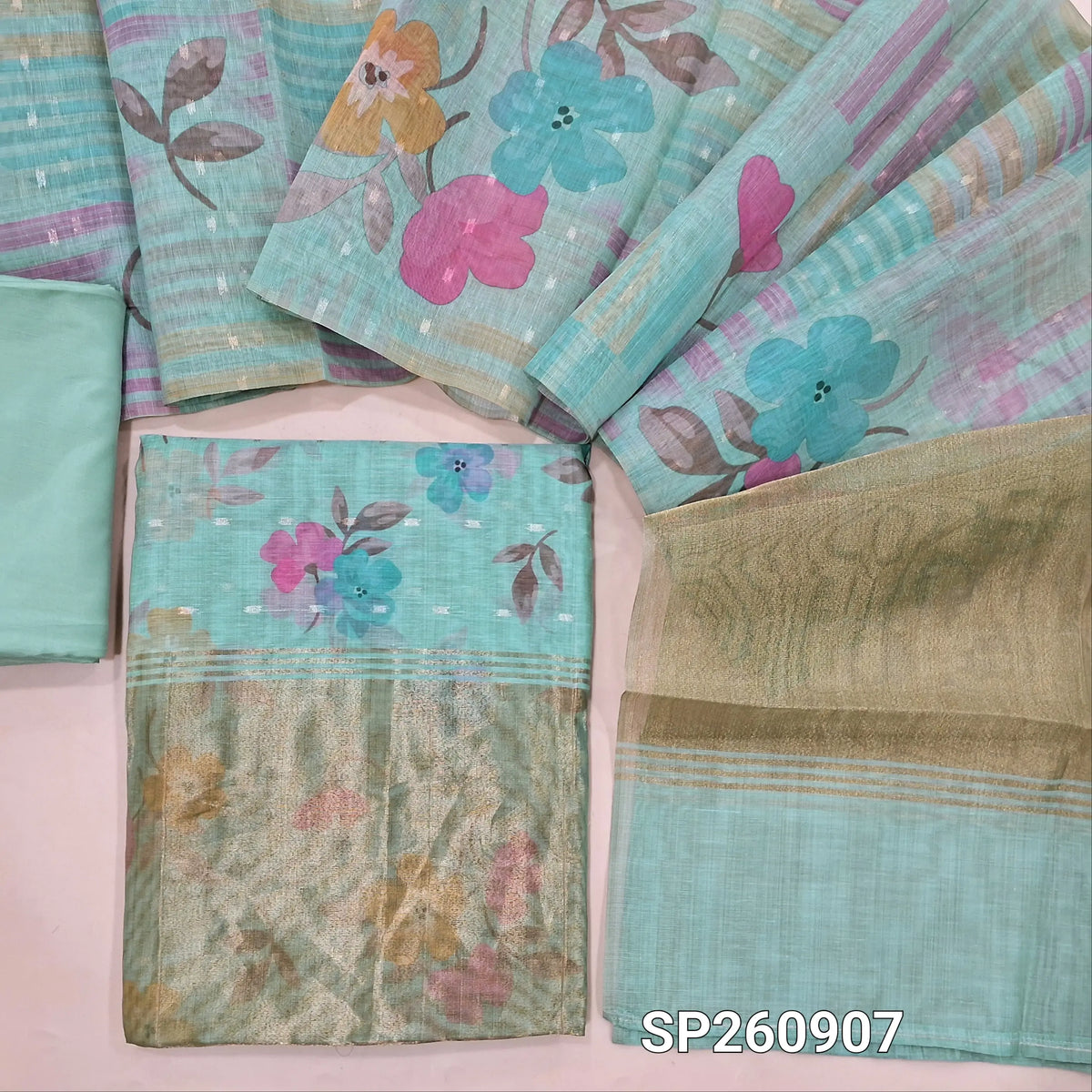Sea Green lightweight silk cotton digital printed unstitched salwar material, zari buttas all over, tissue daman (Thin, Lining Needed)matching silky bottom, digital printed silk cotton dupatta. SP260907