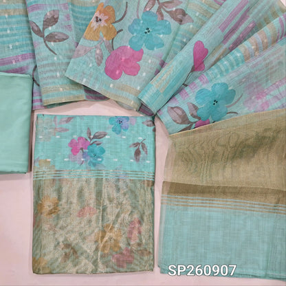 Sea Green lightweight silk cotton digital printed unstitched salwar material, zari buttas all over, tissue daman (Thin, Lining Needed)matching silky bottom, digital printed silk cotton dupatta. SP260907
