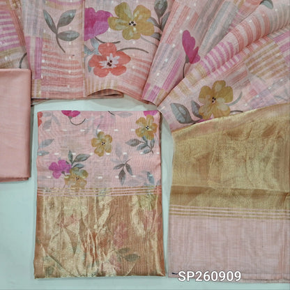 Peachish pink lightweight silk cotton digital printed unstitched salwar material, zari buttas all over, tissue daman (Thin, Lining Needed)matching silky bottom, digital printed silk cotton dupatta. SP260909