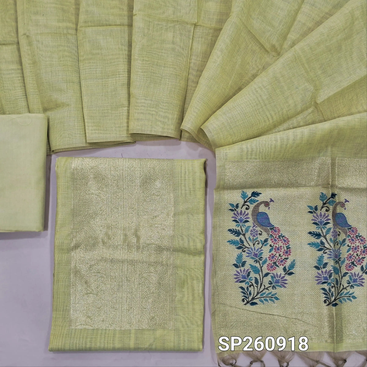 Pastel yellow soft silk cotton unstitched salwar material,benarasi zari weaving on yoke and front, rich daman (Thin, Lining Needed)matching santoon bottom, zari woven silk cotton dupatta. SP260918
