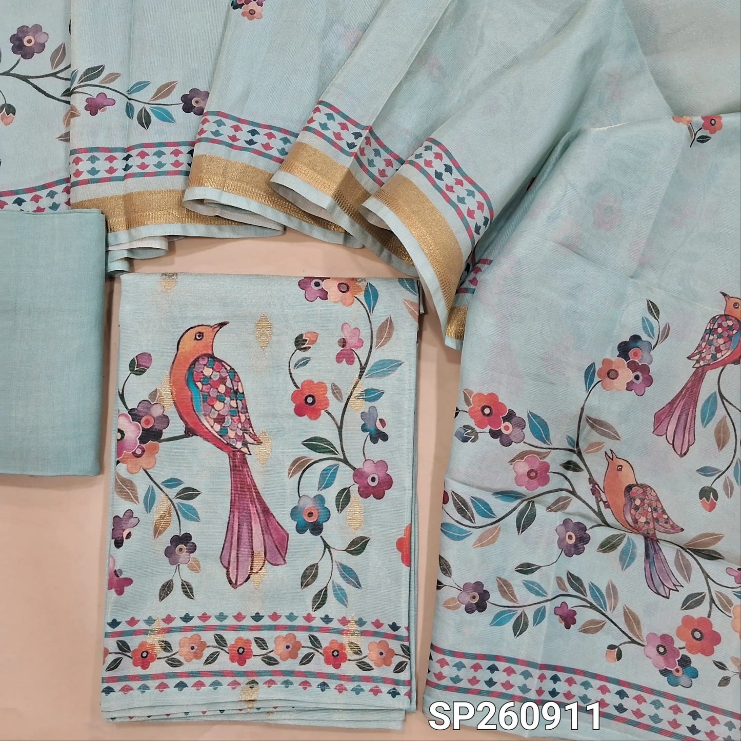 Pastel blue benarasi tissue silk cotton unstitched salwar material, real mirror work on yoke, digital printed (Textured, Linig Needed)matching santoon bottom, printed tissue silk cotton dupatta. SP260911