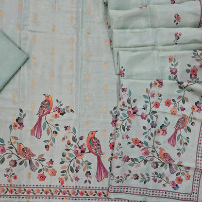 Pastel blue benarasi tissue silk cotton unstitched salwar material, real mirror work on yoke, digital printed (Textured, Linig Needed)matching santoon bottom, printed tissue silk cotton dupatta. SP260911