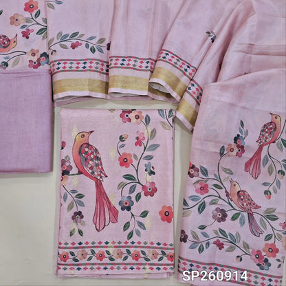 Pastel pink benarasi tissue silk cotton unstitched salwar material, real mirror work on yoke, digital printed (Textured, Linig Needed)matching santoon bottom, printed tissue silk cotton dupatta. SP260914