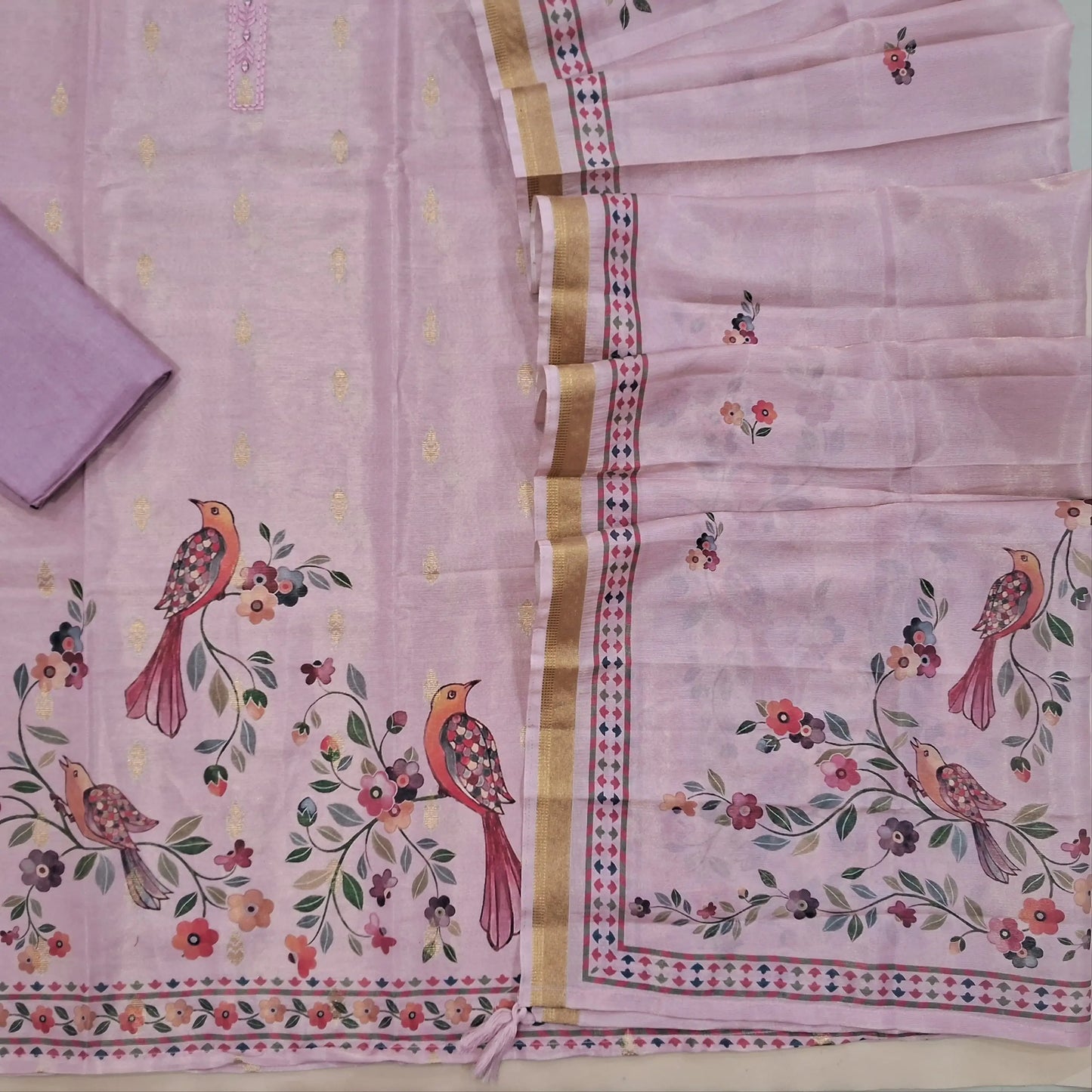 Pastel pink benarasi tissue silk cotton unstitched salwar material, real mirror work on yoke, digital printed (Textured, Linig Needed)matching santoon bottom, printed tissue silk cotton dupatta. SP260914