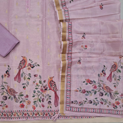 Pastel pink benarasi tissue silk cotton unstitched salwar material, real mirror work on yoke, digital printed (Textured, Linig Needed)matching santoon bottom, printed tissue silk cotton dupatta. SP260914