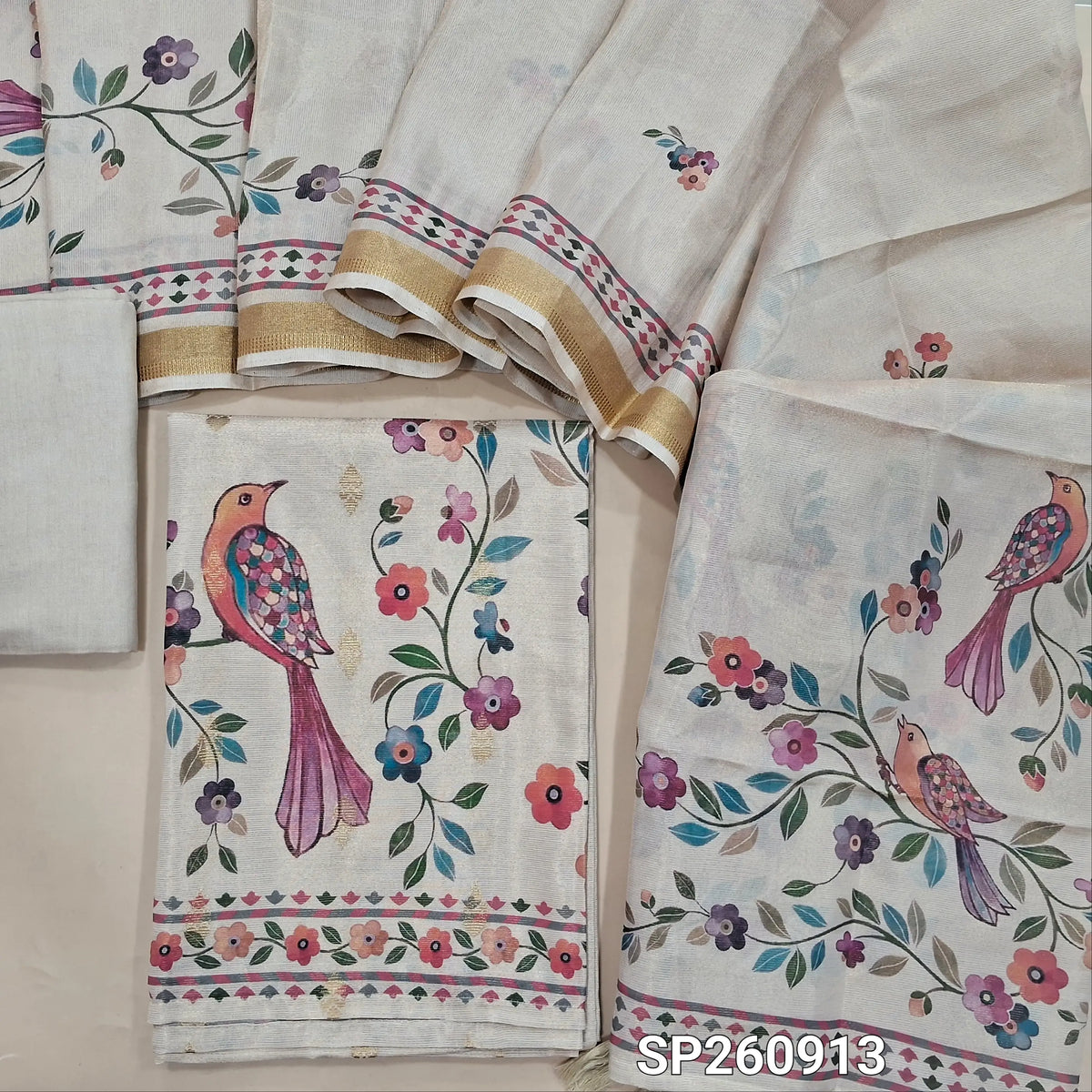 Rich beige benarasi tissue silk cotton unstitched salwar material, real mirror work on yoke, digital printed (Textured, Linig Needed)matching santoon bottom, printed tissue silk cotton dupatta. SP260913