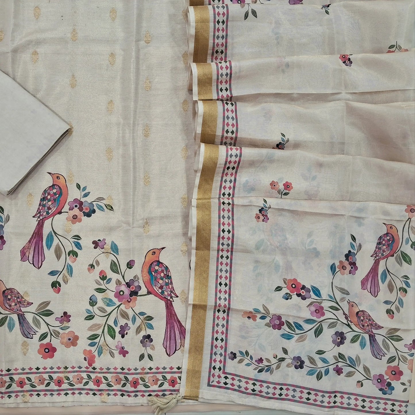 Rich beige benarasi tissue silk cotton unstitched salwar material, real mirror work on yoke, digital printed (Textured, Linig Needed)matching santoon bottom, printed tissue silk cotton dupatta. SP260913