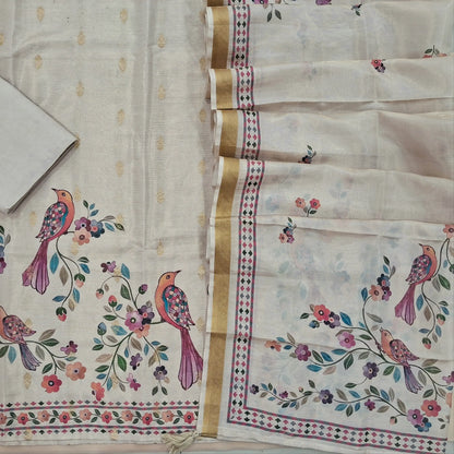 Rich beige benarasi tissue silk cotton unstitched salwar material, real mirror work on yoke, digital printed (Textured, Linig Needed)matching santoon bottom, printed tissue silk cotton dupatta. SP260913
