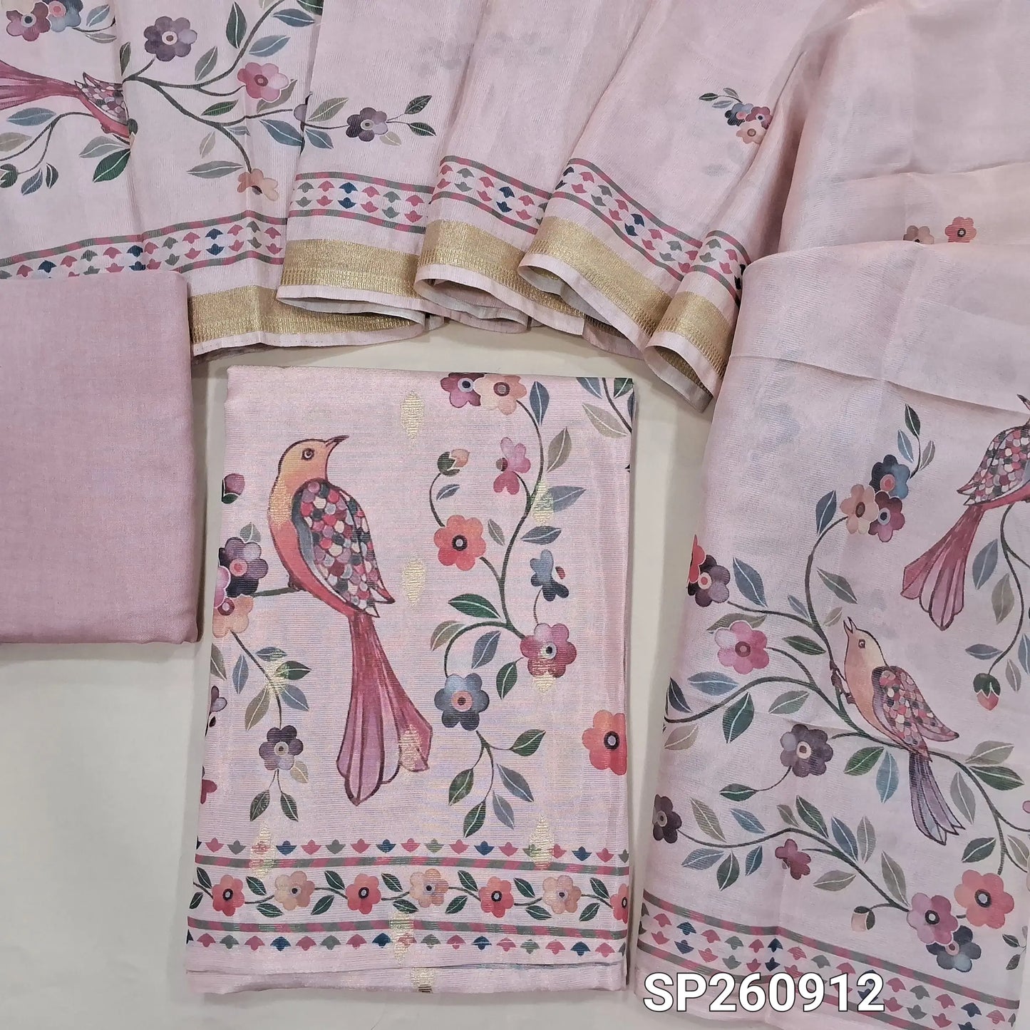 Pastel peach benarasi tissue silk cotton unstitched salwar material, real mirror work on yoke, digital printed (Textured, Linig Needed)matching santoon bottom, printed tissue silk cotton dupatta. SP260912