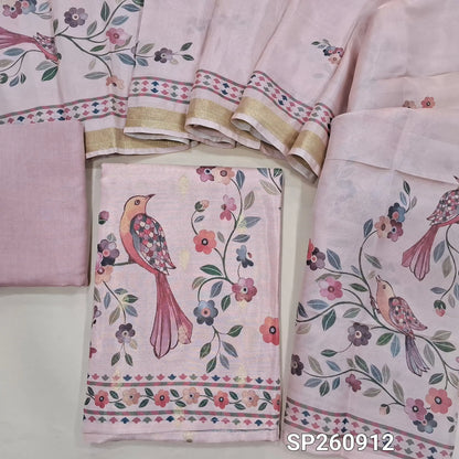 Pastel peach benarasi tissue silk cotton unstitched salwar material, real mirror work on yoke, digital printed (Textured, Linig Needed)matching santoon bottom, printed tissue silk cotton dupatta. SP260912