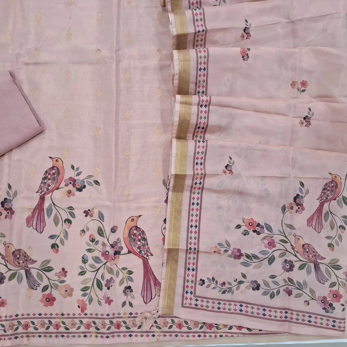 Pastel peach benarasi tissue silk cotton unstitched salwar material, real mirror work on yoke, digital printed (Textured, Linig Needed)matching santoon bottom, printed tissue silk cotton dupatta. SP260912