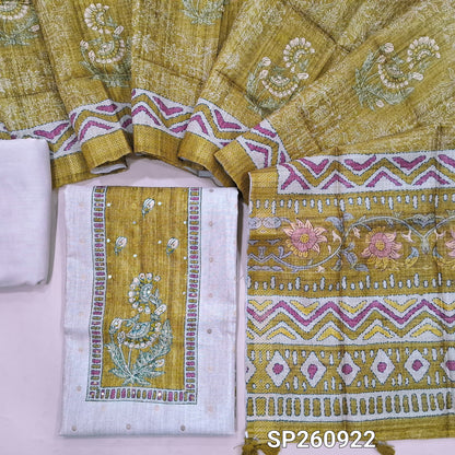 Beige and mehandhi green premium tussar silk unstitched salwar material, zari buttas on front, contrast yoke (Lightweight, Lining Needed)matching spun cottob bottom, digital printed premium tussar dupatta. SP260922