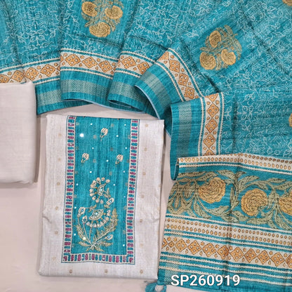 Beige and blue premium tussar silk unstitched salwar material, zari buttas on front, contrast yoke (Lightweight, Lining Needed)matching spun cottob bottom, digital printed premium tussar dupatta. SP260919