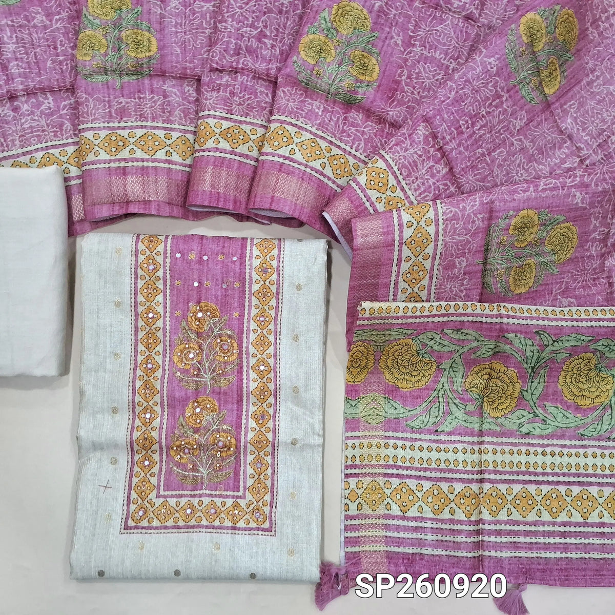 Beige and pink premium tussar silk unstitched salwar material, zari buttas on front, contrast yoke (Lightweight, Lining Needed)matching spun cottob bottom, digital printed premium tussar dupatta. SP260920