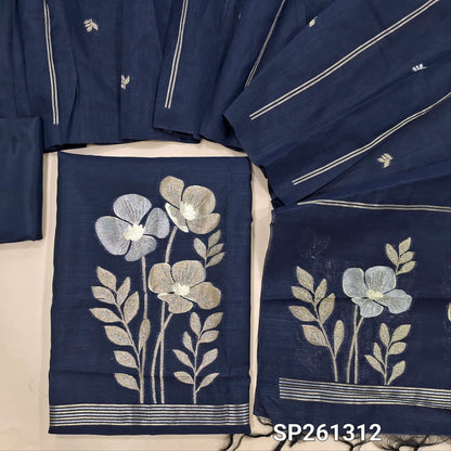 Dark blue silk cotton unstitched salwar material, silver and gold zari weaving on daman anf ront (Thin, Lining Needed)matching silky bottom, silk cotton dupatta with zari weaving. SP261312