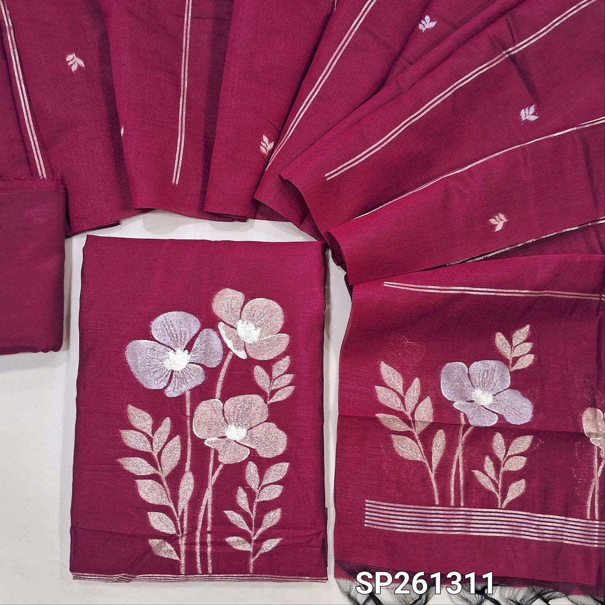 Bright pink silk cotton unstitched salwar material, silver and gold zari weaving on daman anf ront (Thin, Lining Needed)matching silky bottom, silk cotton dupatta with zari weaving. SP261311