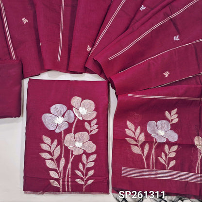 Bright pink silk cotton unstitched salwar material, silver and gold zari weaving on daman anf ront (Thin, Lining Needed)matching silky bottom, silk cotton dupatta with zari weaving. SP261311