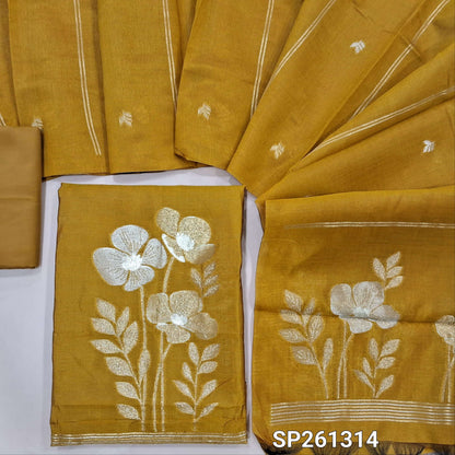 Mehandhi yellow silk cotton unstitched salwar material, silver and gold zari weaving on daman anf ront (Thin, Lining Needed)matching silky bottom, silk cotton dupatta with zari weaving. SP261314