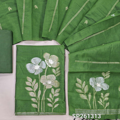 Leafy green silk cotton unstitched salwar material, silver and gold zari weaving on daman anf ront (Thin, Lining Needed)matching silky bottom, silk cotton dupatta with zari weaving. SP261313