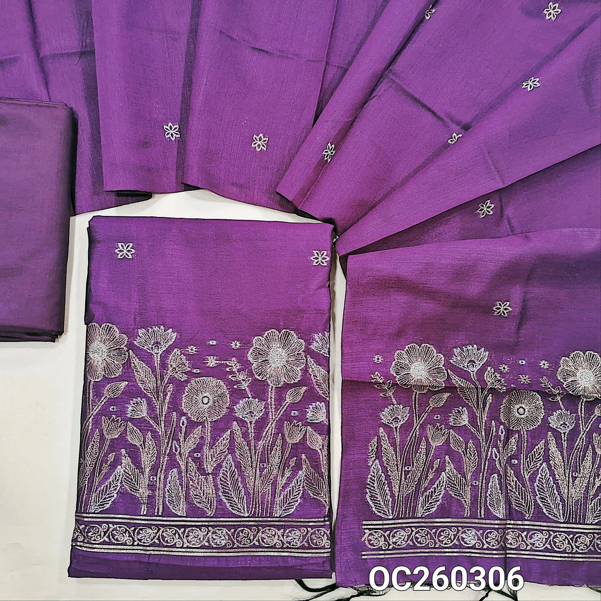 Dark purple premium silk cotton unstitched salwar material, buttas on front,antic gold and silver zari on daman,(lining needed)silky bottom,buttas on full length silk cotton dupatta with rich pallu. OC260306