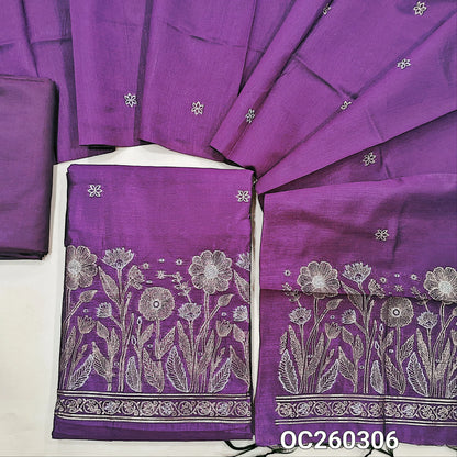 Dark purple premium silk cotton unstitched salwar material, buttas on front,antic gold and silver zari on daman,(lining needed)silky bottom,buttas on full length silk cotton dupatta with rich pallu. OC260306