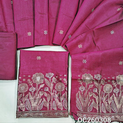 Rani pink premium silk cotton unstitched salwar material, buttas on front,antic gold and silver zari on daman,(lining needed)silky bottom,buttas on full length silk cotton dupatta with rich pallu. OC260308