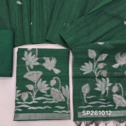 Bottle green semi tussar unstitched salwar material, gold and silver zari weaving on front (Textured, Lining Needed)matching silky bottom, semi tussar dupatta with rich weaving. SP261012